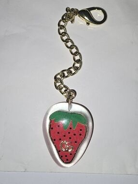 Gold-Tone Strawberry Charm Keychain with Red & Green Enamel